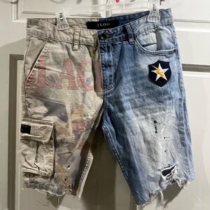 AKOO Blue Denim Splatter Distressed Shorts w/Patches by Rapper T.I.- size 32